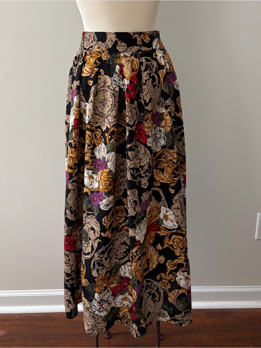 Vintage 90s Norton McNaughton Baroque Floral Pleated Midi Skirt 8 Dark Academia